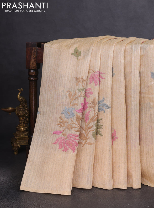 Matka tussar saree sandal with floral embroidery and zari woven border