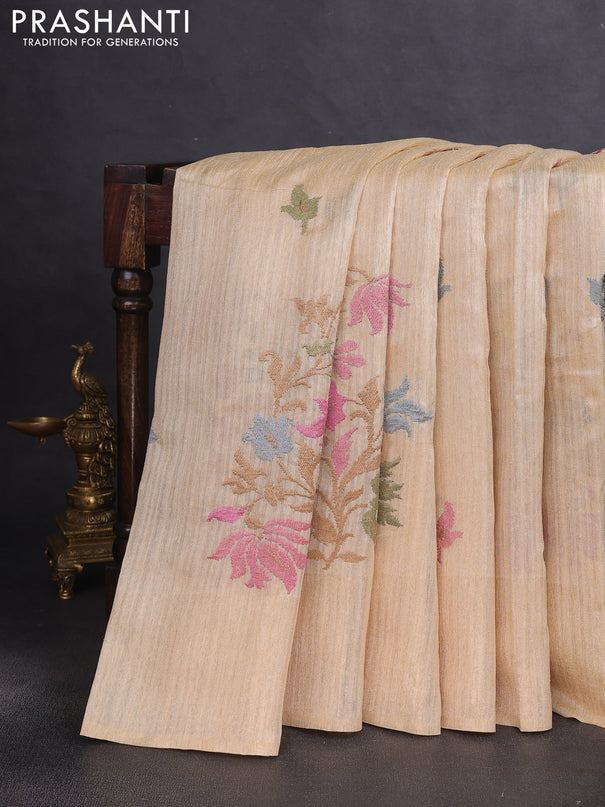 Matka tussar saree sandal with floral embroidery and zari woven border