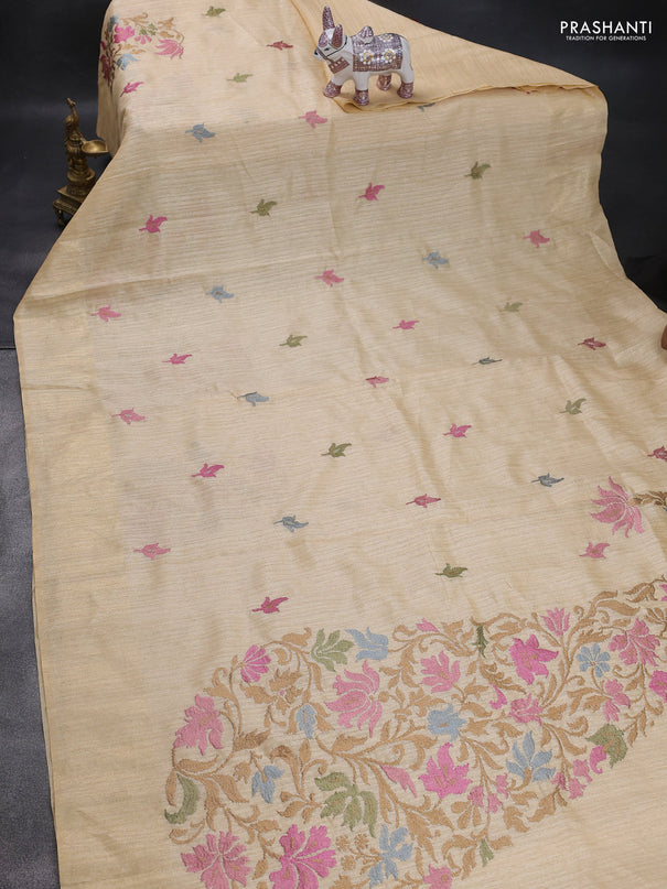 Matka tussar saree sandal with floral embroidery and zari woven border