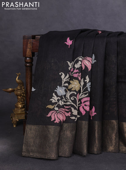 Matka tussar saree black with floral embroidery and zari woven border