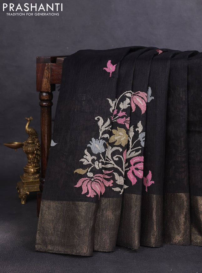 Matka tussar saree black with floral embroidery and zari woven border
