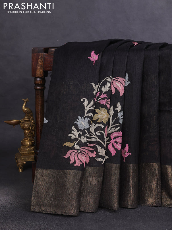 Matka tussar saree black with floral embroidery and zari woven border
