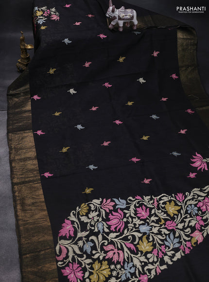 Matka tussar saree black with floral embroidery and zari woven border