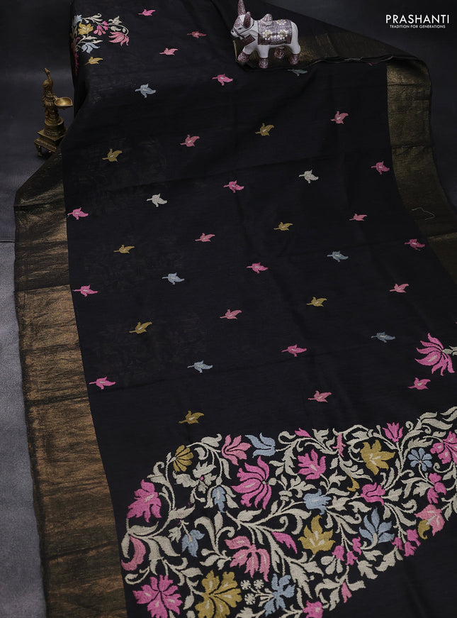 Matka tussar saree black with floral embroidery and zari woven border