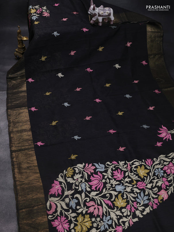 Matka tussar saree black with floral embroidery and zari woven border