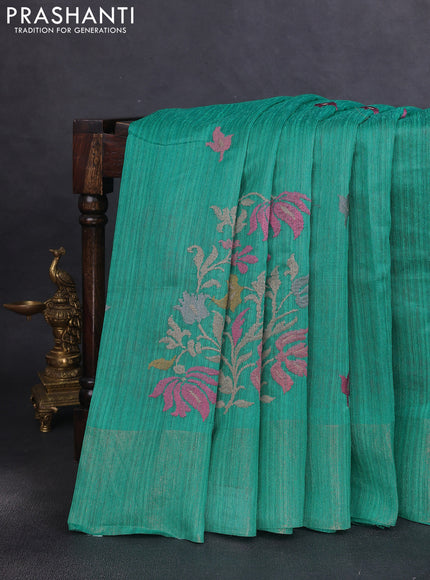 Matka tussar saree teal green with floral embroidery and zari woven border