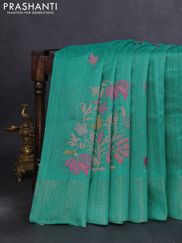 Matka tussar saree teal green with floral embroidery and zari woven border