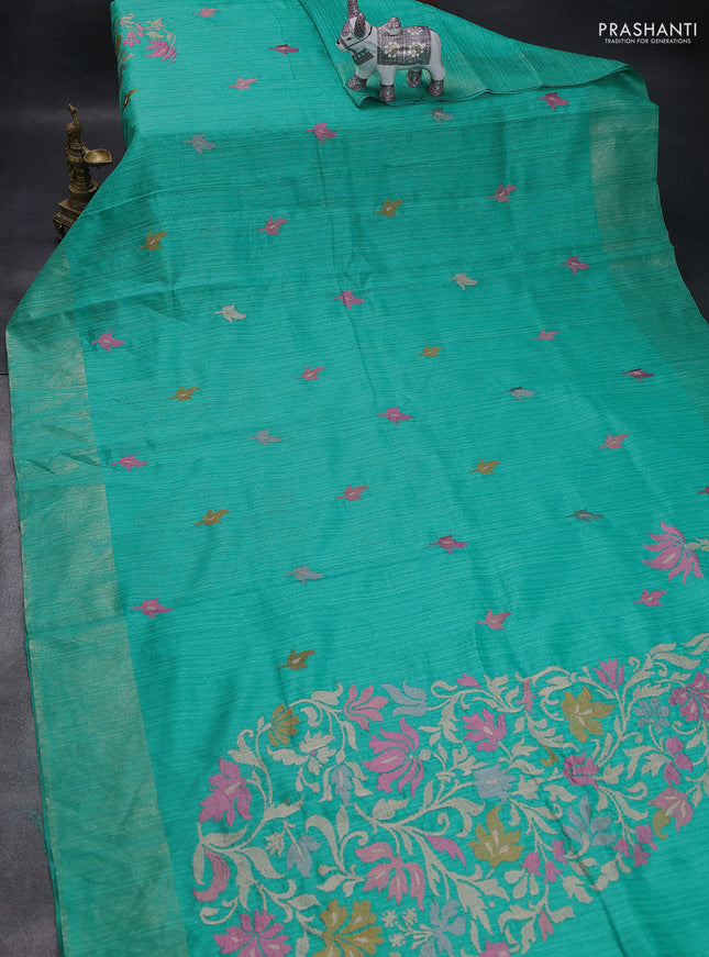 Matka tussar saree teal green with floral embroidery and zari woven border