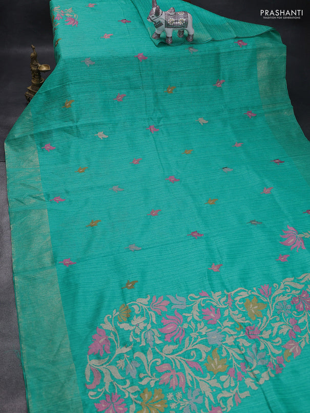 Matka tussar saree teal green with floral embroidery and zari woven border