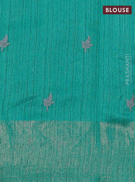 Matka tussar saree teal green with floral embroidery and zari woven border