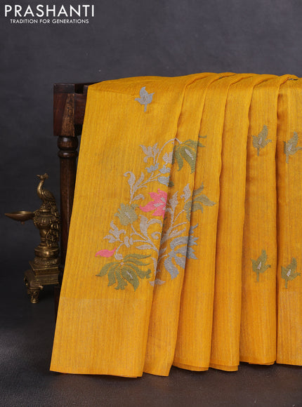 Matka tussar saree mustard yellow with floral embroidery and zari woven border