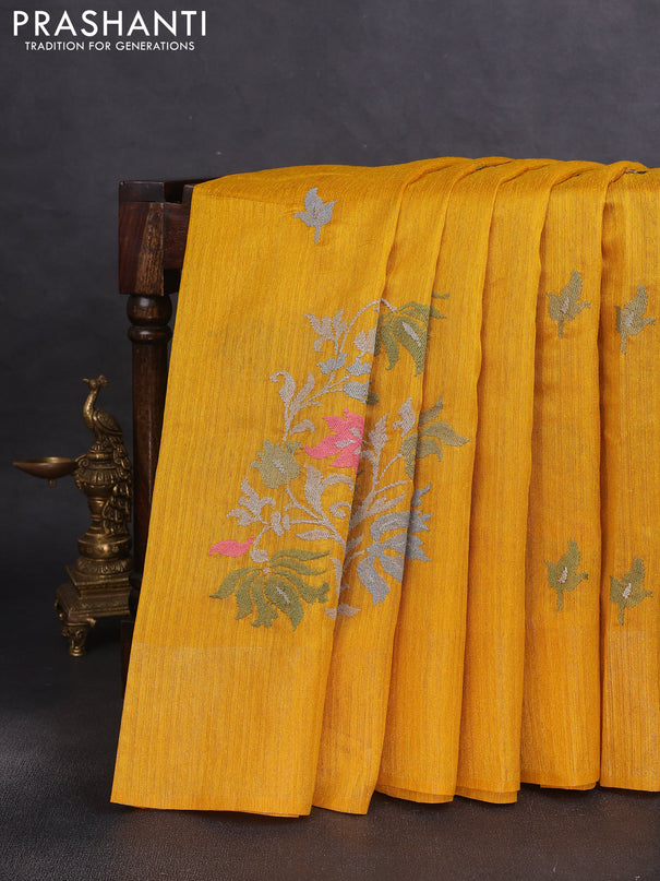 Matka tussar saree mustard yellow with floral embroidery and zari woven border