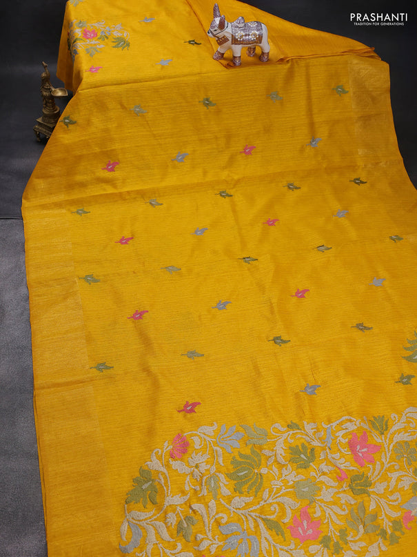 Matka tussar saree mustard yellow with floral embroidery and zari woven border