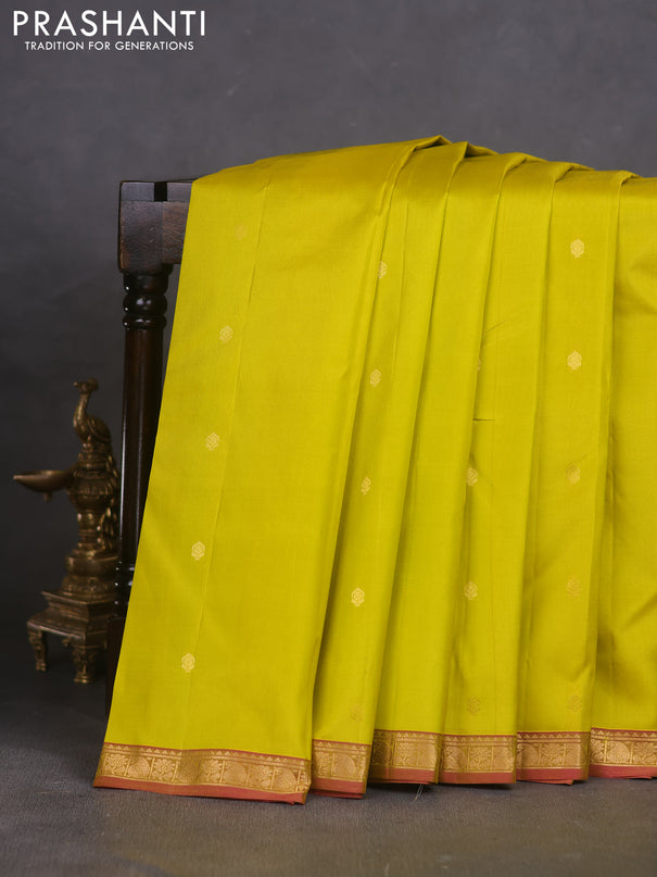 Pure kanchipuram silk saree lime yellow and dual shade of pink with zari woven buttas and zari woven border