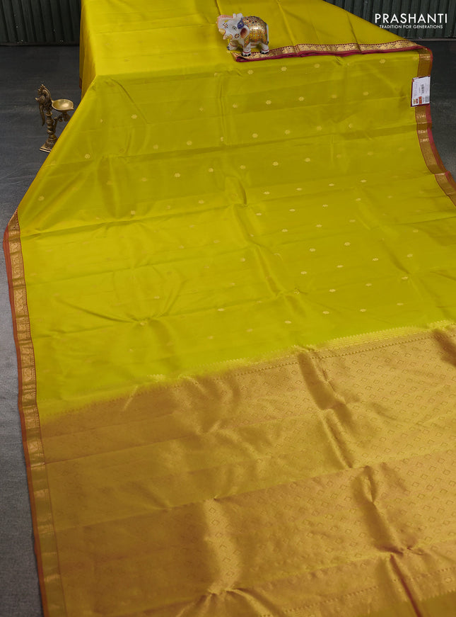 Pure kanchipuram silk saree lime yellow and dual shade of pink with zari woven buttas and zari woven border