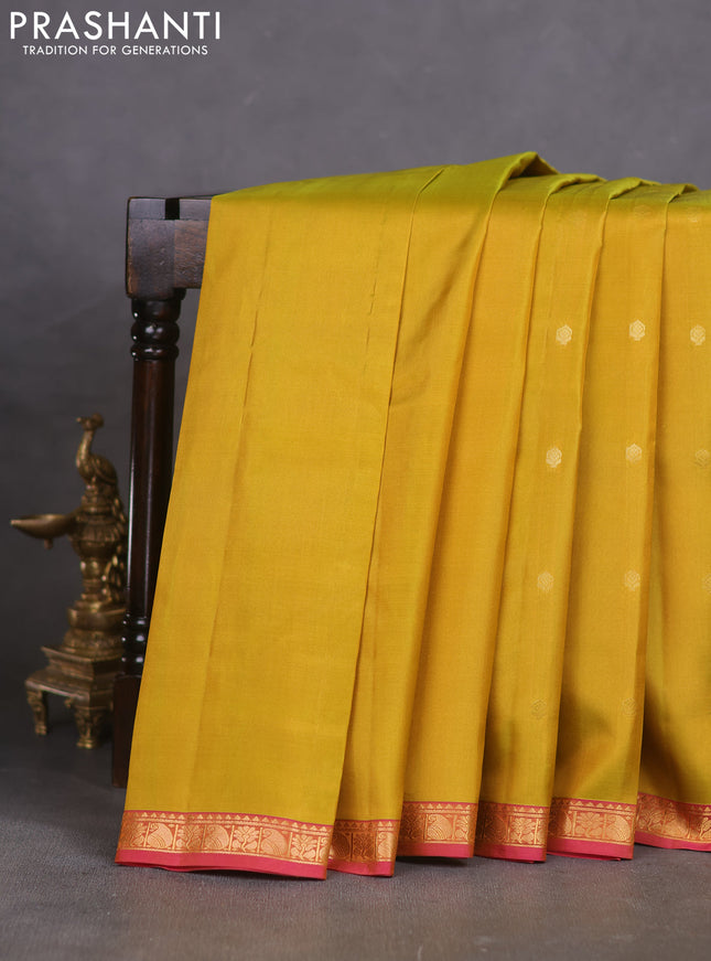 Pure kanchipuram silk saree mustard green shade and pink with zari woven buttas and zari woven border