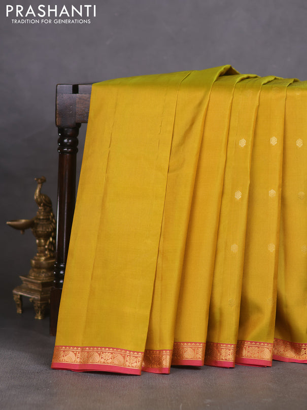 Pure kanchipuram silk saree mustard green shade and pink with zari woven buttas and zari woven border