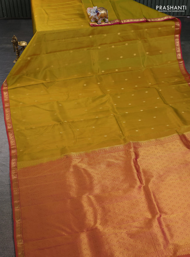 Pure kanchipuram silk saree mustard green shade and pink with zari woven buttas and zari woven border
