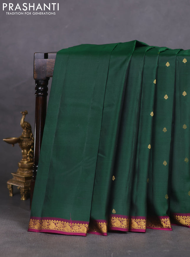 Pure kanchipuram silk saree bottle green and purple with zari woven buttas and zari woven border