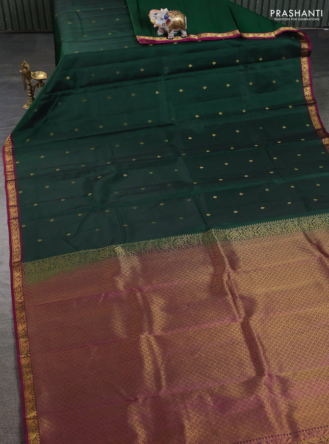Pure kanchipuram silk saree bottle green and purple with zari woven buttas and zari woven border