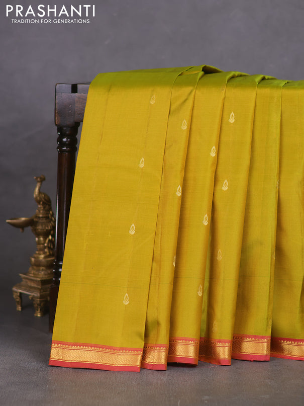 Pure kanchipuram silk saree mehendi green and pink with zari woven buttas and zari woven border