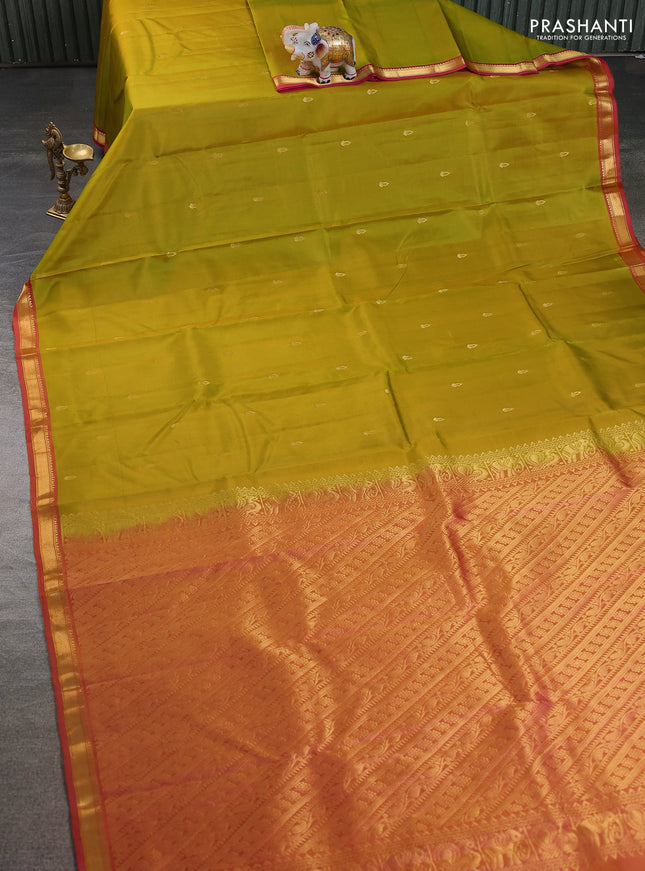 Pure kanchipuram silk saree mehendi green and pink with zari woven buttas and zari woven border