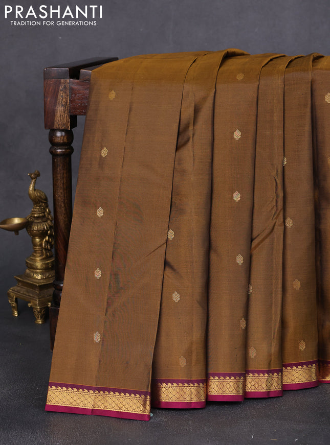 Pure kanchipuram silk saree honey shade and wine shade with zari woven buttas and zari woven border