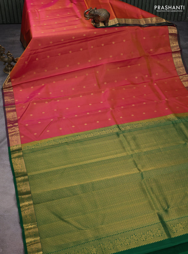 Pure kanchipuram silk saree dual shade of pink and green with allover zari woven buttas and rich zari woven border