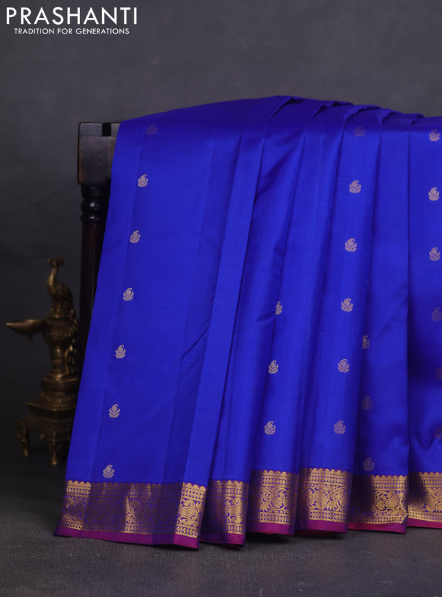 Pure kanchipuram silk saree blue and purple with allover zari woven buttas and rich zari woven border