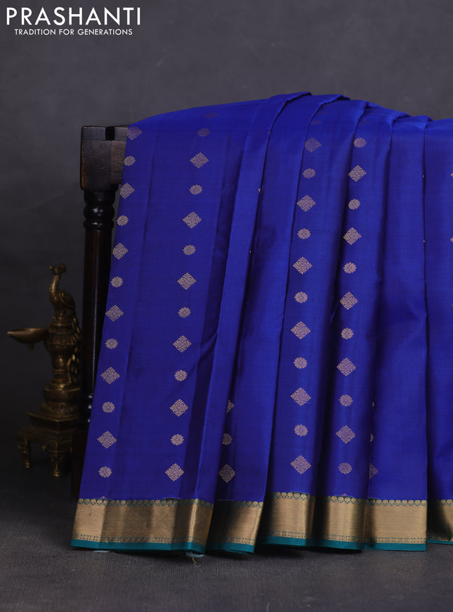 Pure kanchipuram silk saree blue and teal green with allover zari woven buttas and rich zari woven border