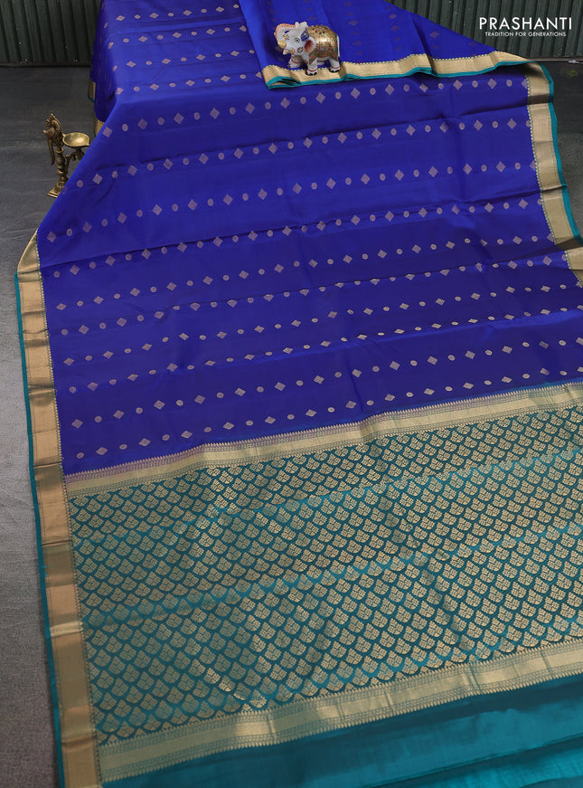 Pure kanchipuram silk saree blue and teal green with allover zari woven buttas and rich zari woven border
