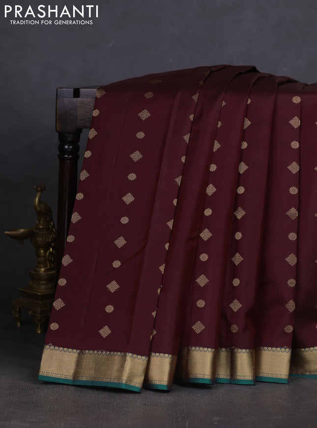 Pure kanchipuram silk saree deep maroon and teal green with allover zari woven buttas and rich zari woven border