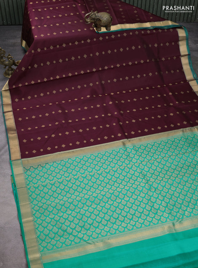 Pure kanchipuram silk saree deep maroon and teal green with allover zari woven buttas and rich zari woven border