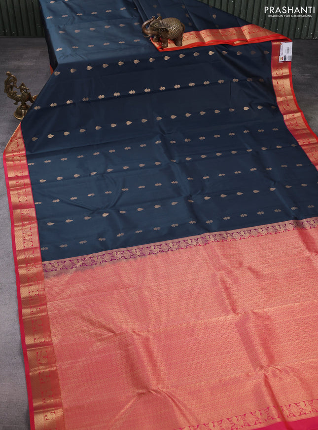 Pure kanchipuram silk saree peacock blue and dual shade of pinkish orange with zari woven buttas and rich zari woven border