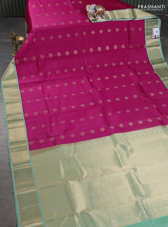 Pure kanchipuram silk saree pink and pastel green with zari woven buttas and rich zari woven korvai border