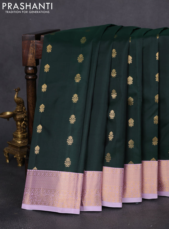 Pure kanchipuram silk saree bottle green and lavender with zari woven buttas and rich zari woven korvai border