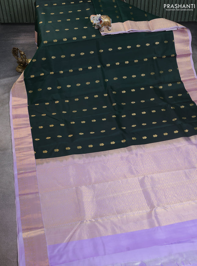 Pure kanchipuram silk saree bottle green and lavender with zari woven buttas and rich zari woven korvai border