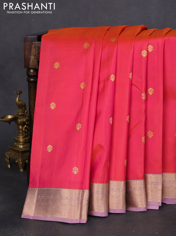 Pure kanchipuram silk saree dual shade of pink and mauve pink with zari woven buttas and rich zari woven korvai border