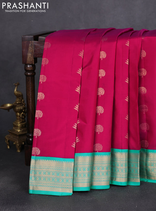 Pure kanchipuram silk saree pink and teal green with zari woven buttas and rich zari woven korvai border
