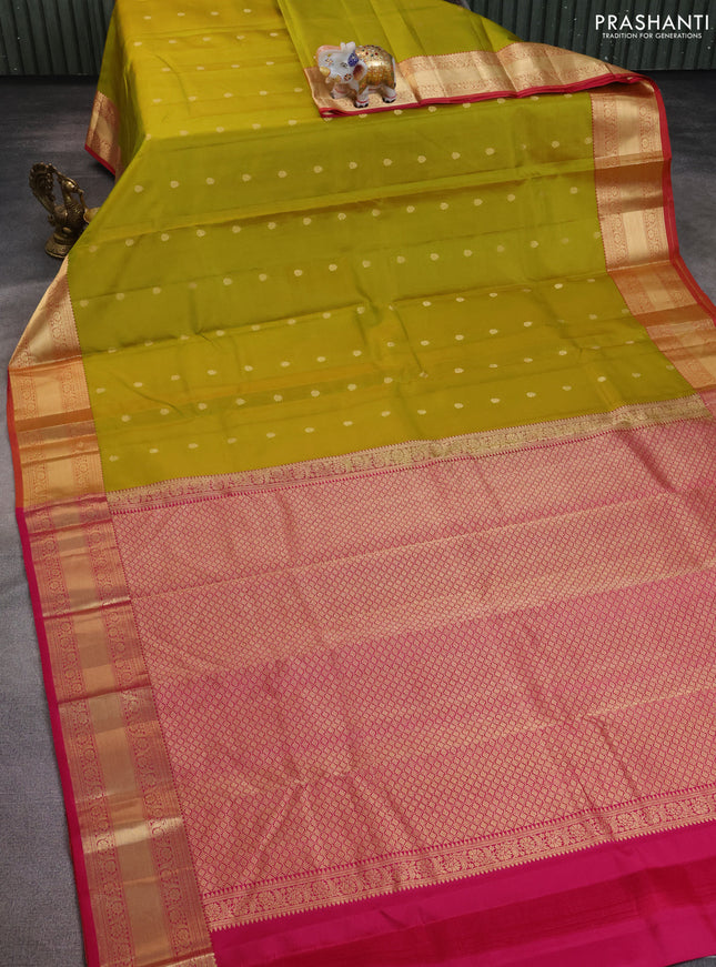 Pure kanchipuram silk saree lime green and pink with allover zari woven buttas and rich zari woven border