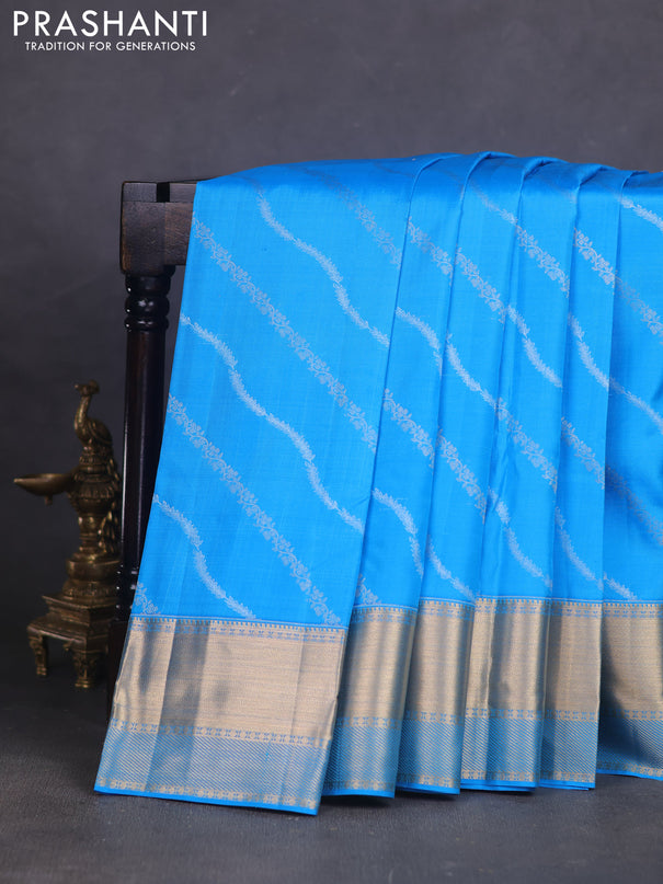 Pure kanchipuram silk saree cs blue with allover silver & gold zari weaves and rich zari woven border