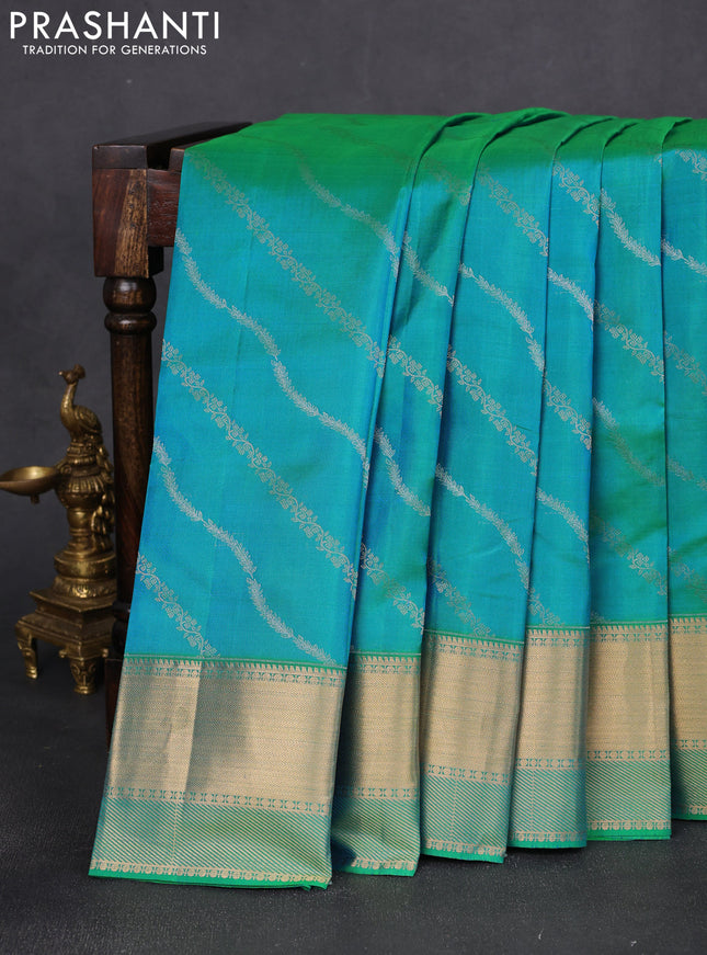 Pure kanchipuram silk saree dual shade of green with allover silver & gold zari weaves and rich zari woven border