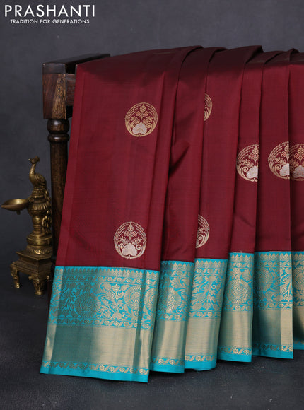 Pure kanchipuram silk saree maroon and teal green with zari woven buttas and rich zari woven korvai border