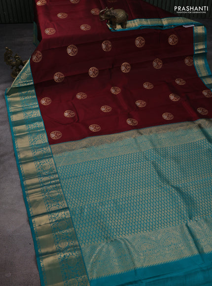 Pure kanchipuram silk saree maroon and teal green with zari woven buttas and rich zari woven korvai border