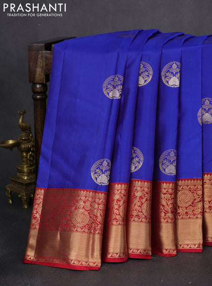 Pure kanchipuram silk saree blue and red with zari woven buttas and rich zari woven korvai border