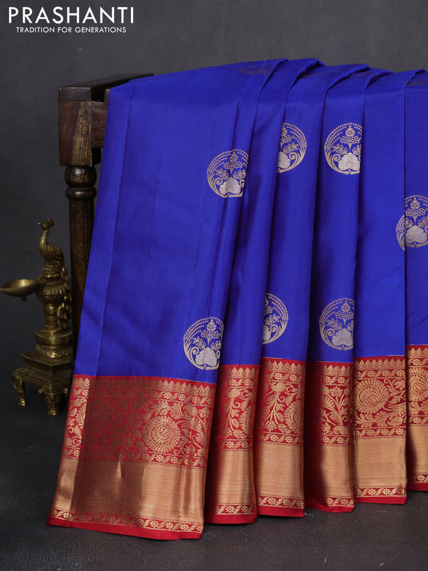 Pure kanchipuram silk saree blue and red with zari woven buttas and rich zari woven korvai border
