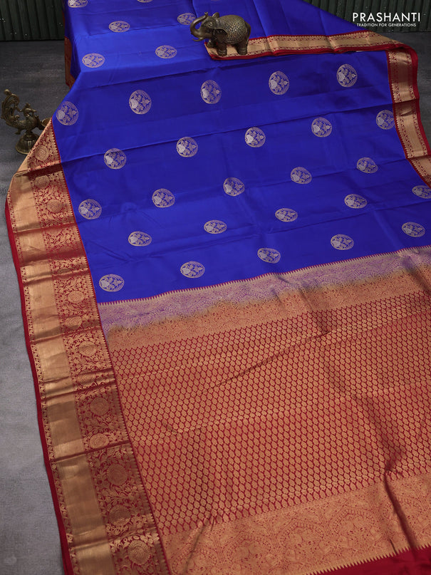 Pure kanchipuram silk saree blue and red with zari woven buttas and rich zari woven korvai border