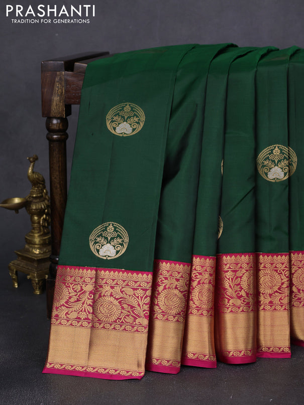 Pure kanchipuram silk saree bottle green and pink with zari woven buttas and rich zari woven korvai border