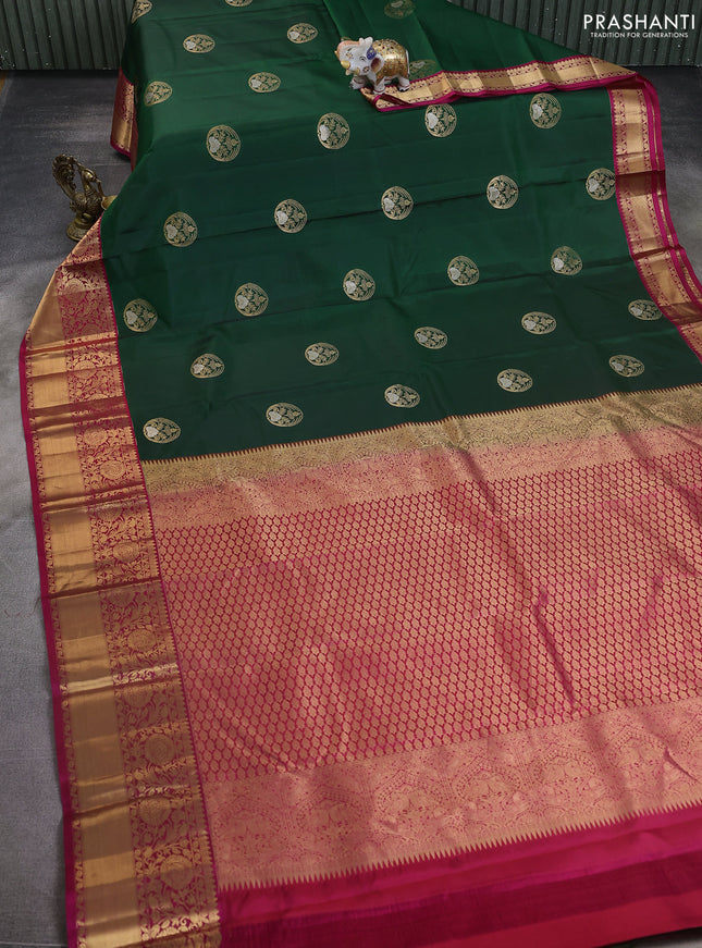 Pure kanchipuram silk saree bottle green and pink with zari woven buttas and rich zari woven korvai border
