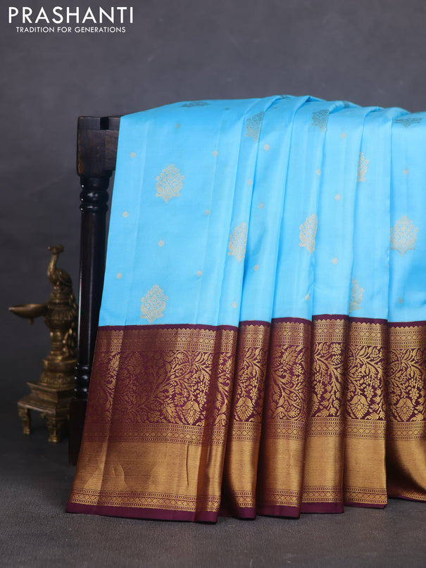 Pure kanchipuram silk saree teal blue and deep maroon with allover zari woven buttas and long zari woven border
